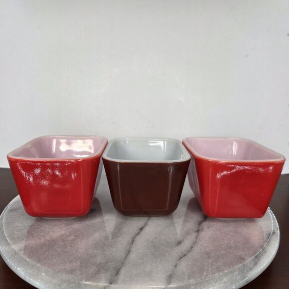 Vintage Pyrex 501-B Refrigerator Dish Lot 3 Red Brown 1.5 Cup Made USA Opal - Picture 3 of 10